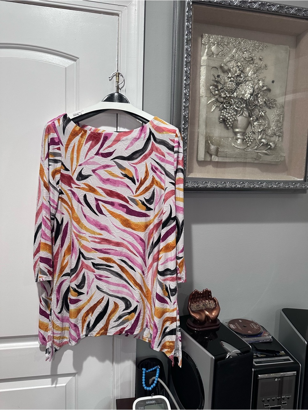 JM Collection Pink Multi Abstract Wave-Print Long Sleeve Top
